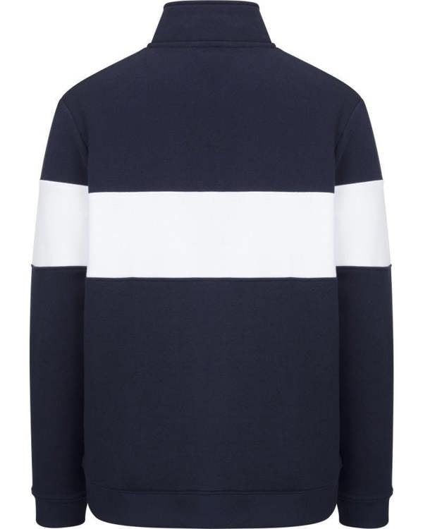 Hoggs of Fife Dumfries 1888 Men's Pullover Quarter Zip Sweatshirt, navy with contrasting white stripe across the chest and sleeves.