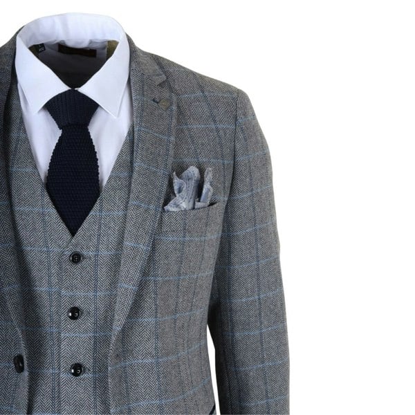 Paul Andrew Harris - Men's Grey 3 Piece Herringbone Check Tweed Suit