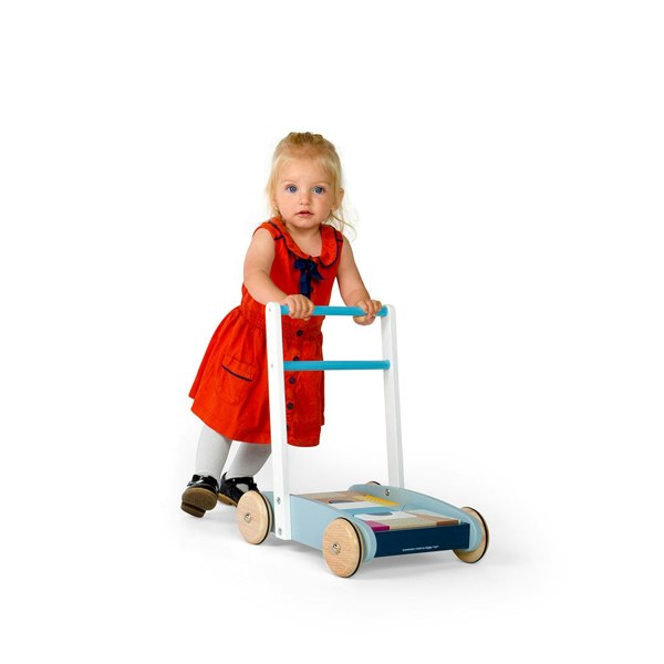 Bigjigs Toys Wooden Baby Walker With 25 Building Blocks - Easy-To-Grip Handlebar