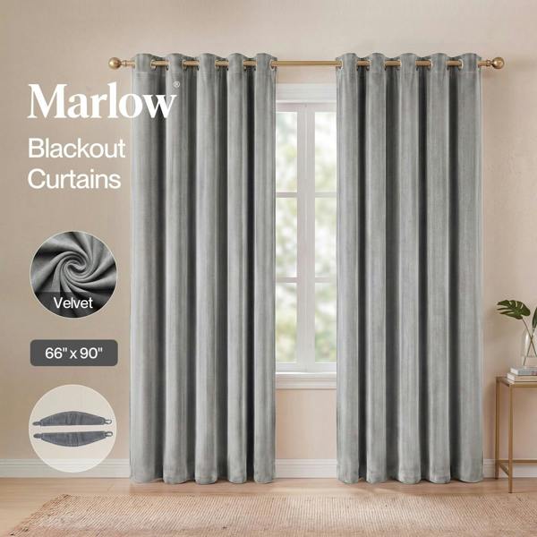 Marlow Thick Thermal Blackout Curtains Velvet 66x90 Inch Eyelet Ring Top Grey