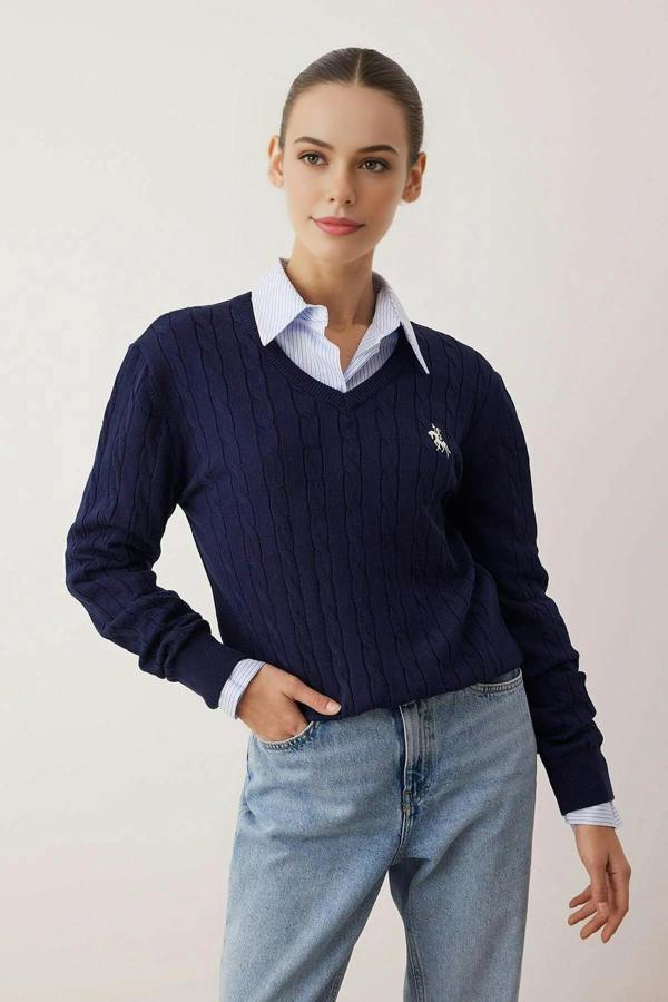 WOVCOR Horse Embroidered V-Neck Cable Knit Sweater