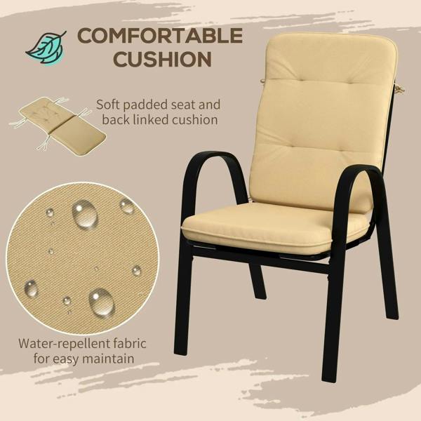 Beige cushioned patio armchair with black armrests and water-repellent fabric cushion