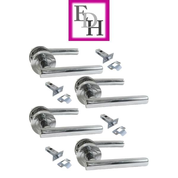 EDH Door Hardware Modern Chrome Straight T-Bar Door Handles with Round Rose + Tubular Latch