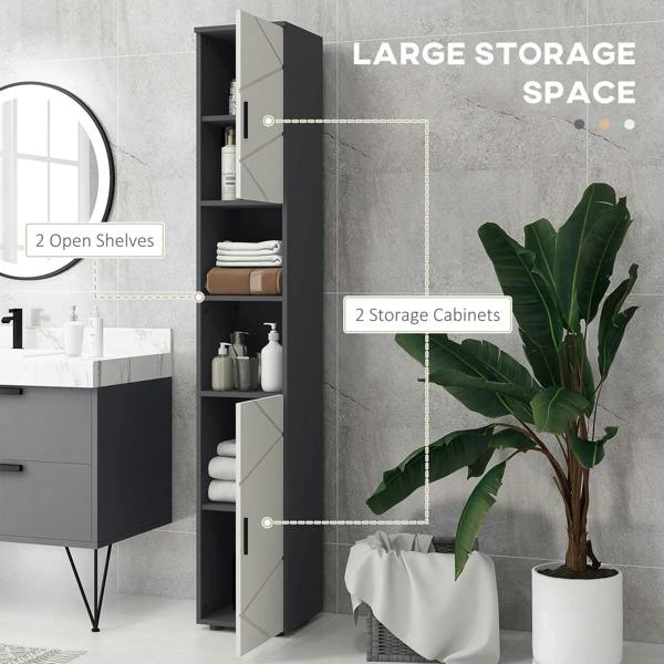 Freestanding tall bathroom storage cabinet with two open shelves and door at bottom, grey