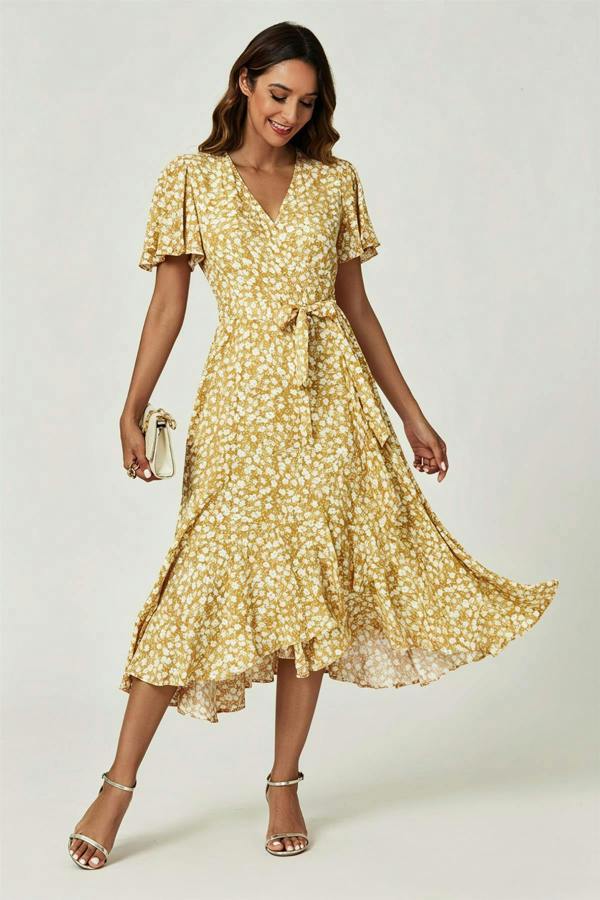 FS Collection Floral Print Midi Wrap Dress In Yellow