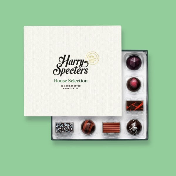 A box of 16 artisan vegan chocolates by Harry Specters  partially covered by a box lid 
