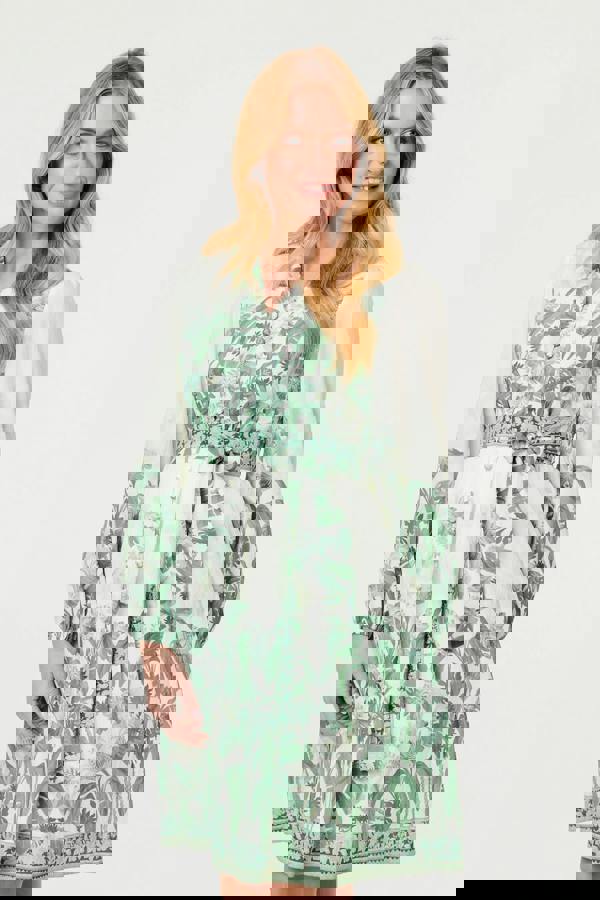 Green | Leaf Print Long Sleeve Tie Short Dress