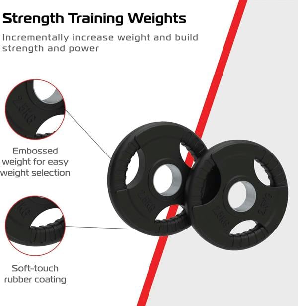 Black 2.5kg Olympic tri-grip rubber weight plates with embossed weight markings and soft-touch rubber coating for easy handling