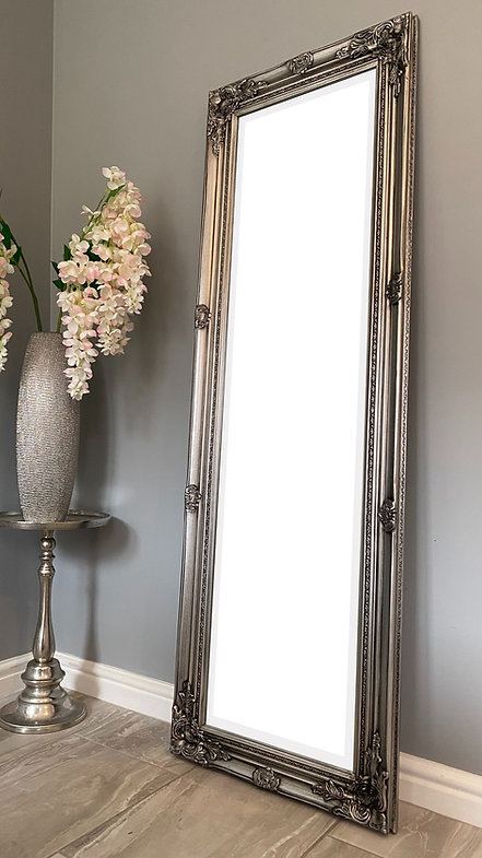 Downton Interiors Antique Silver Tall Ornate Dressing Wall Mirror with Bevelled Glass 142cm