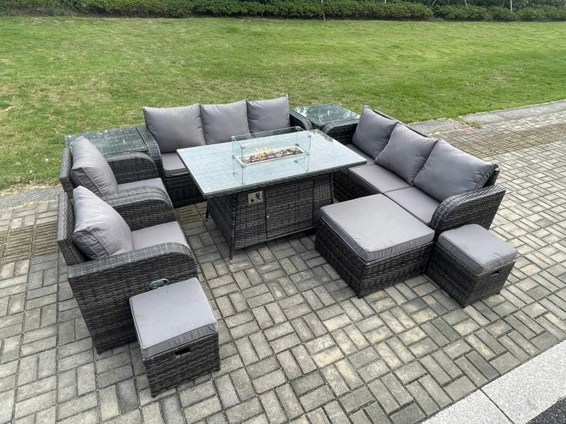 Fimous Rattan Garden Furniture Set with Gas Fire Pit Dining Table, 2 Side Tables, 2 Reclining Chairs, 2 Sofas, 3 Footstools - 11 Seater - Dark Grey