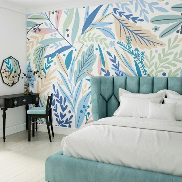 Origin Murals Patterned Leaves Wall Mural Washed Denim