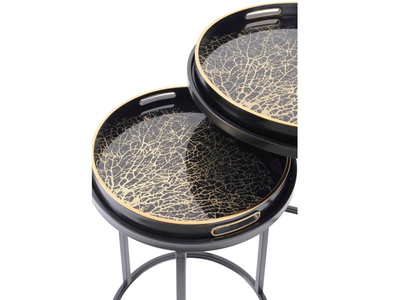 Libra Interiors Coral Design Set of 2 Side Tray Tables with Removable Tops - Black & Gold