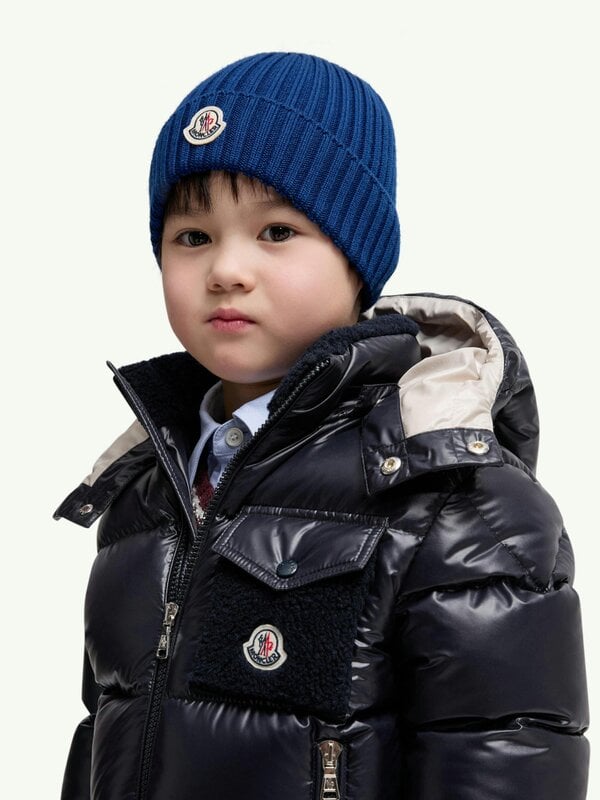 Moncler Enfant Boys Wool Logo Beanie Hat in Blue