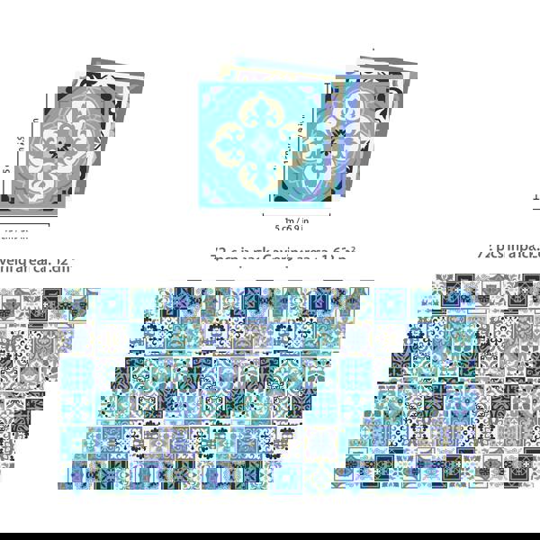 WALPLUS WT1567 - Daliah Blue and Turquoise Mediterranean Wall Tile Sticker Set - 15 cm x 15 cm - 24 pcs