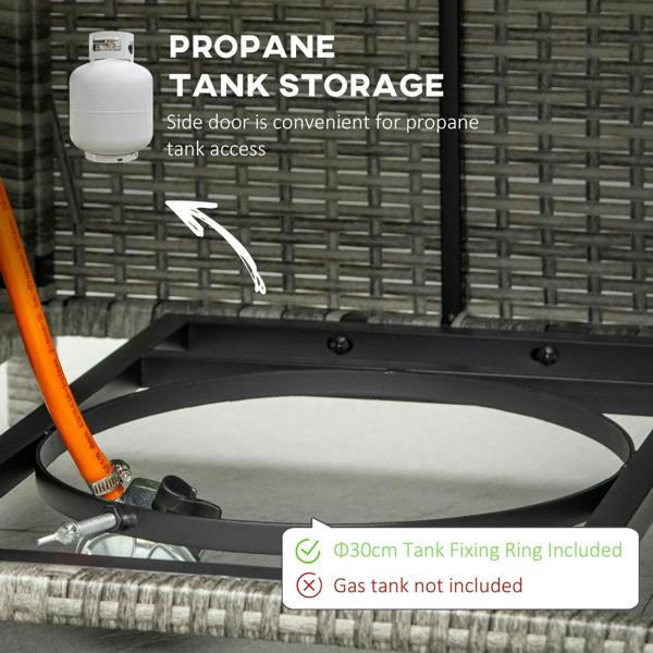 Propane tank storage compartment with black tank-fixing ring and grey rattan frame