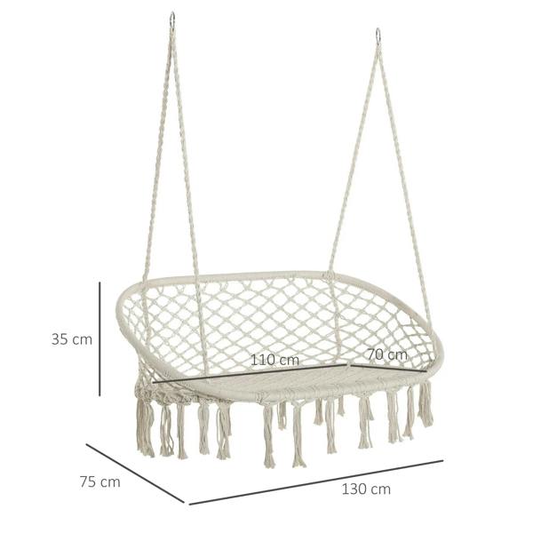 Cream oval hanging hammock chair with fringe tassels and woven net seat (130 cm wide)