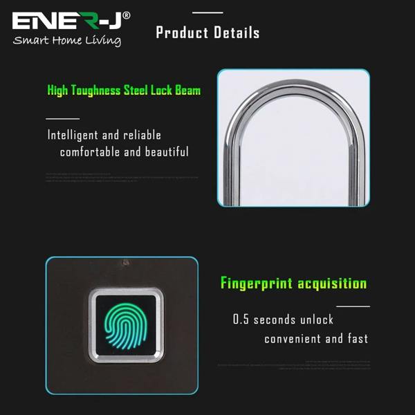 ENER-J Smart Fingerprint Padlock, USB Rechargeable Biometric Lock, 10 User Access, 9,000 Unlocks, Gym, Lockers, Bikes & Travel, Black