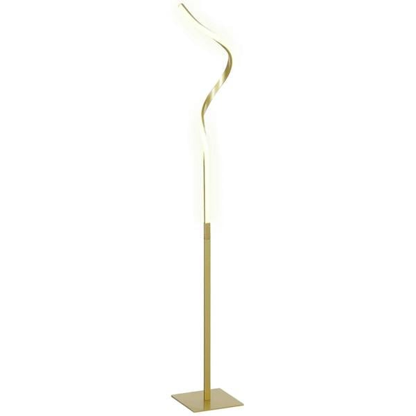 Gold tone LED standing floor lamp with tall slim pole and rectangular base