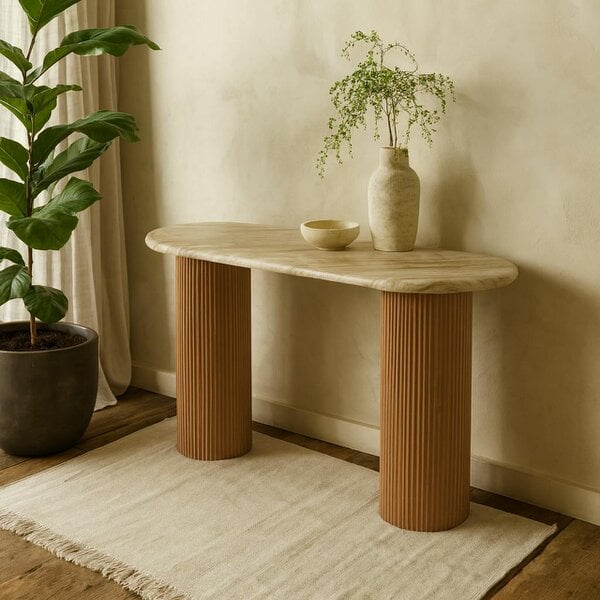 Wyld Haus Boston Natural Oak and Brown Marble Pedestal Console Table