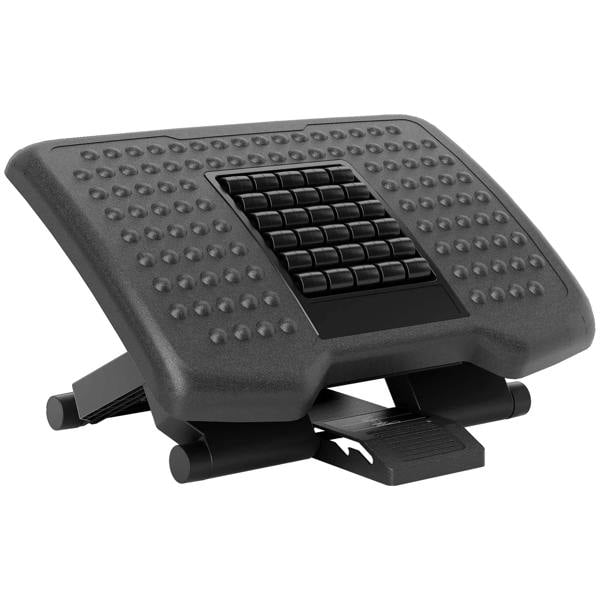 Black massage footrest with raised nodules and rolling massage grid on angled base