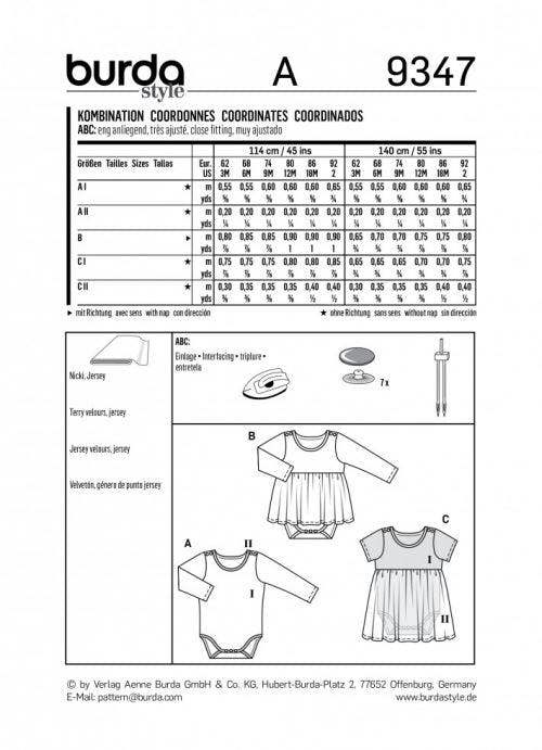 Burda Sewing Pattern 9347 Dresses and Onesies For Babies and Kids, 3 Months - 2 Years - Easy