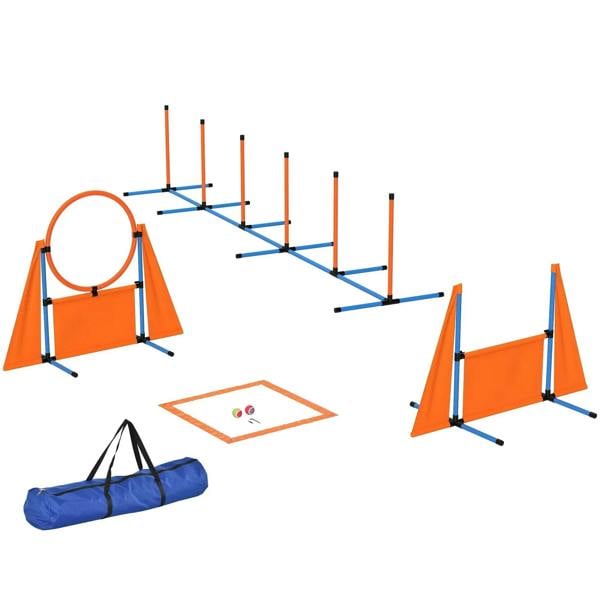 6-piece dog agility training set with orange hurdles, weave poles, ring, pause box, bag