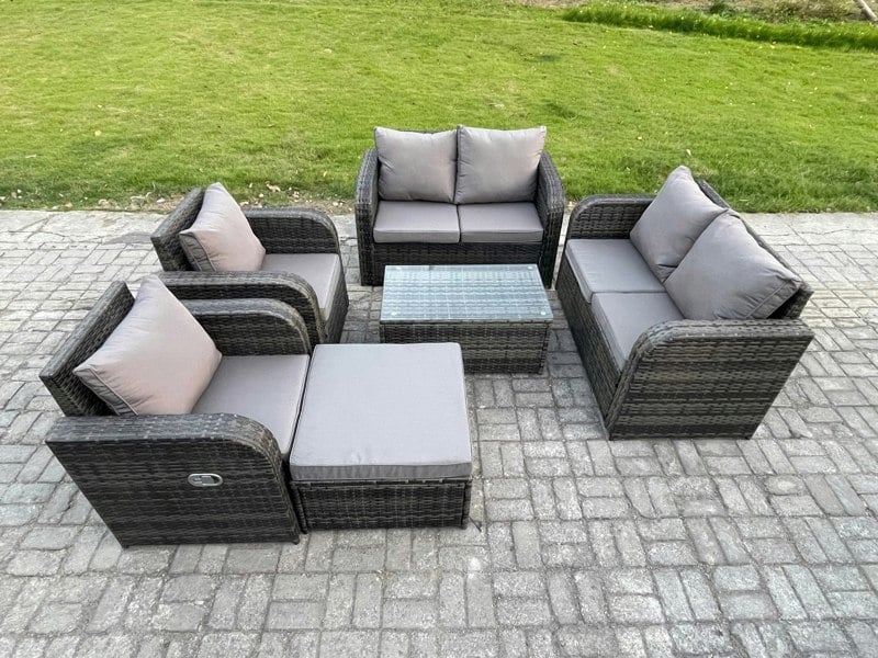 Fimous Rattan Garden Furniture Set Patio Outdoor Lounge Sofa Set with 2 Reclining Chairs Rectangular Coffee Table Big Footstool Dark Grey Mixed