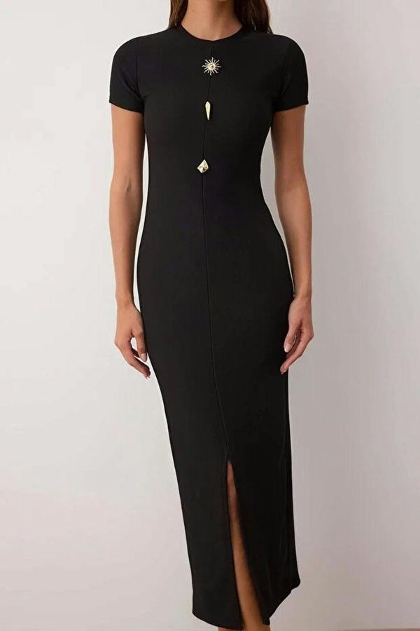 WOVCOR Ottoman Stand Collar Midi Knit Dress with Button Detail