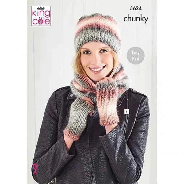 King Cole Riot Chunky Knitting Pattern 5624, Headwear, Wraps, Wrist Warmers, Scarves for Women, One Size - Easy