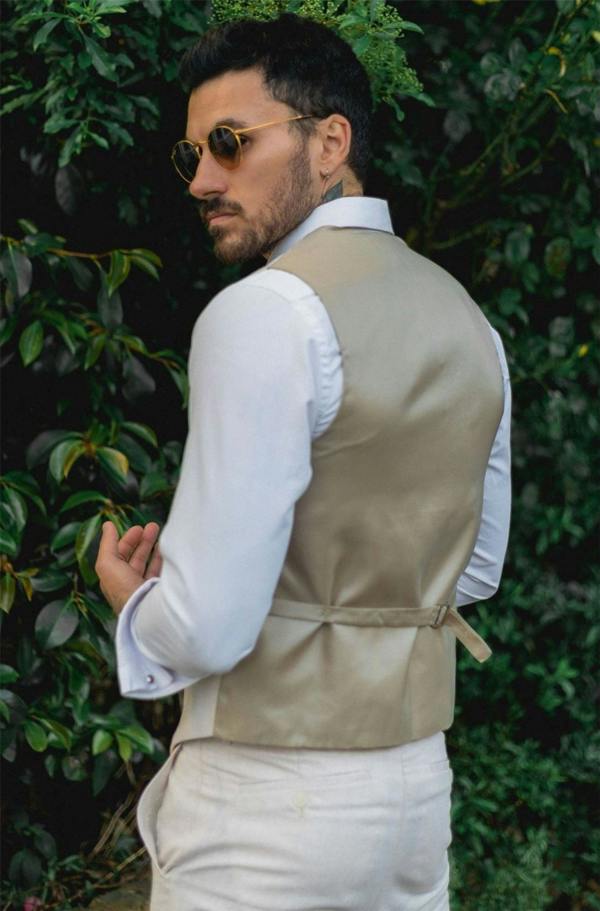 Infinity Leather Men's Summer 2 Piece Suit Linen Formal Cream Beige Waistcoat Trousers