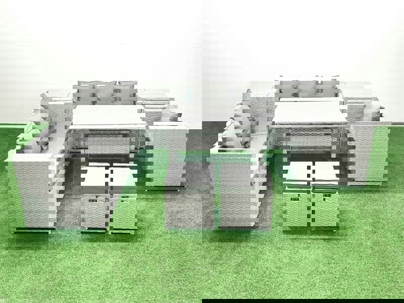 Fimous 8 Pieces Outdoor Rattan Sofa Set with Cushions Patio Garden Furniture Sets with Armchair Dining Table 2 Side Tables 2 Small Footstools