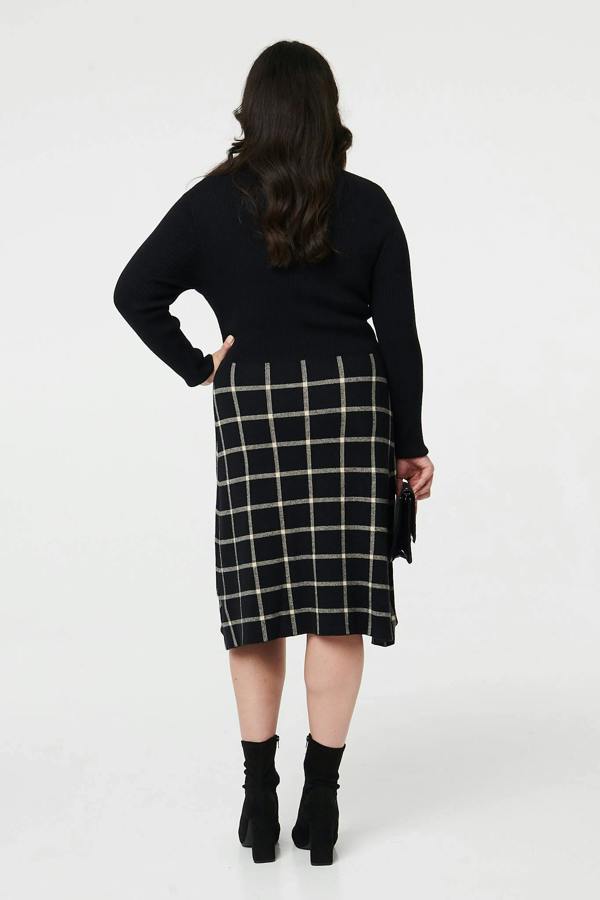 Black | Curve Checked High Neck Knit Midi Dress