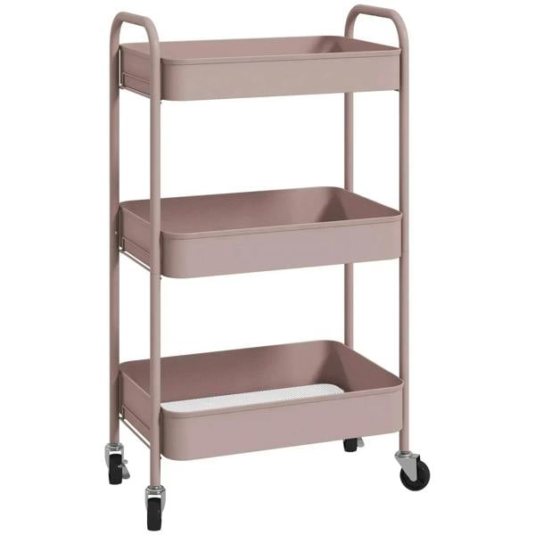 Pink three-tier steel storage trolley with three open shelves and four casters; standing view