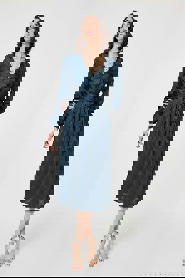 Green | Ruched Long Sleeve Midi Wrap Dress
