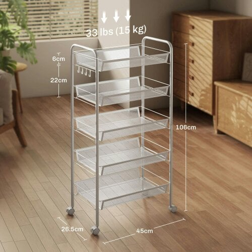 Wyld Haus Visovi Metal White 5 Basket Steel Storage Trolley With Wheels