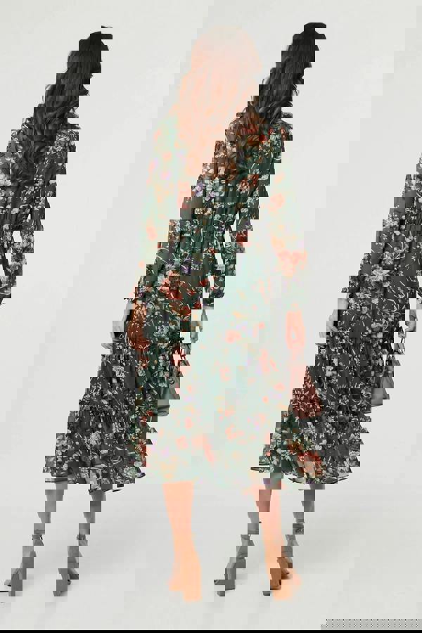 Green | Floral Tiered Long Sleeve Midi Dress