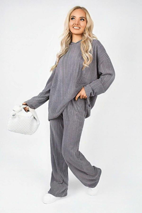 Zayana Hooded Ribbed Oversized Top And Wide Leg Lounge Co-ord Set - Charcoal