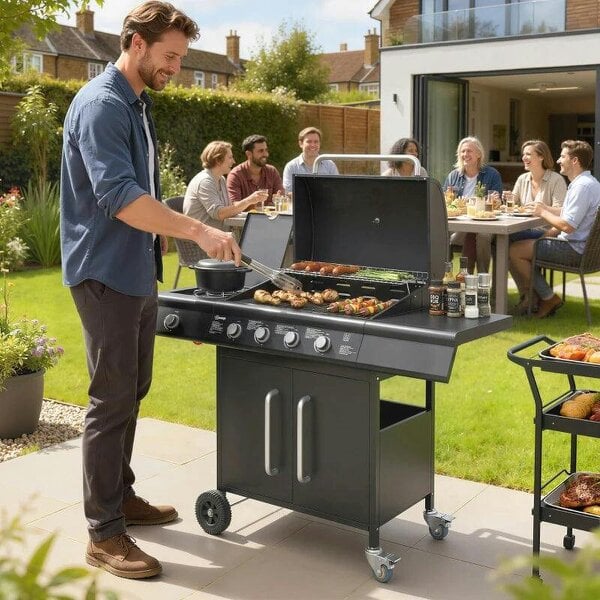 Bobobiy 4+1 Burner Gas BBQ Grill with Storage Cabinet, 15.2 kW Gas Barbecue Trolley with Side Table, 4 Wheels, Warming Rack - Black