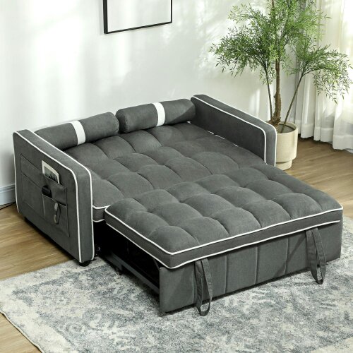 Wyld Haus Tapa Linen Effect Dark Grey Upholstered 2 Seater Sofa Bed White Trim