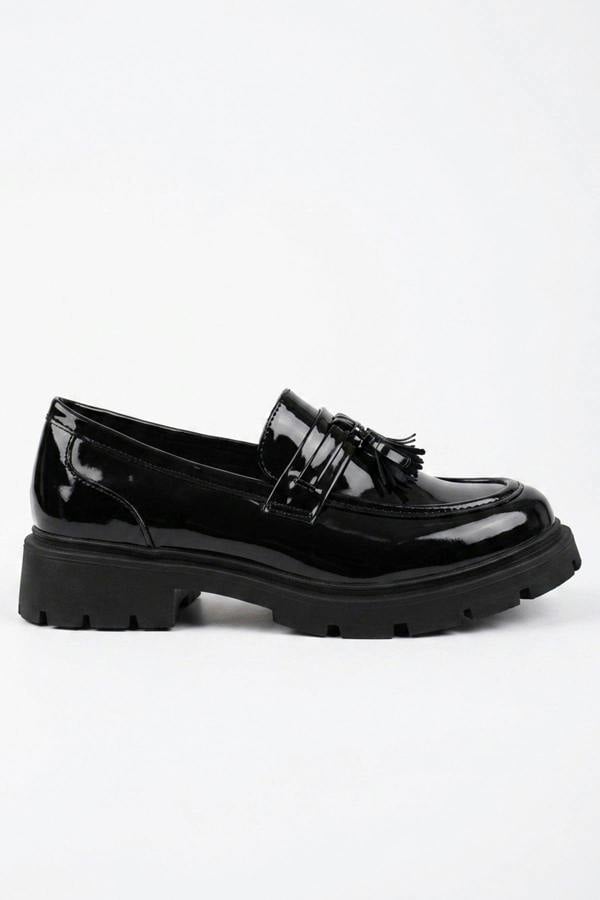 Saoirse Patent Chunky Sole Tassel Loafers - Black