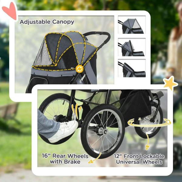 Adjustable-canopy three-wheel pet stroller with rear brake and front lockable wheels