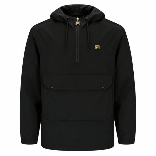 Black Fila Duran anorak jacket with a half-zip hood, gold logo accents, and a large front snap-button pocket.