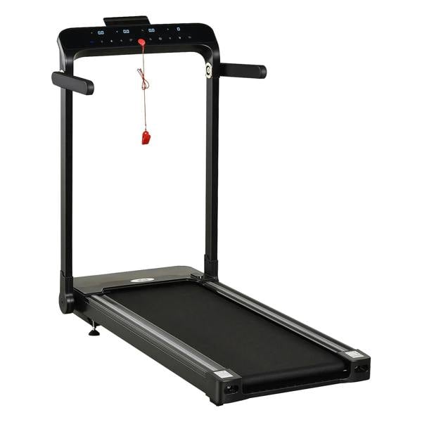 Black folding treadmill with handrails and running deck, upright storage frame