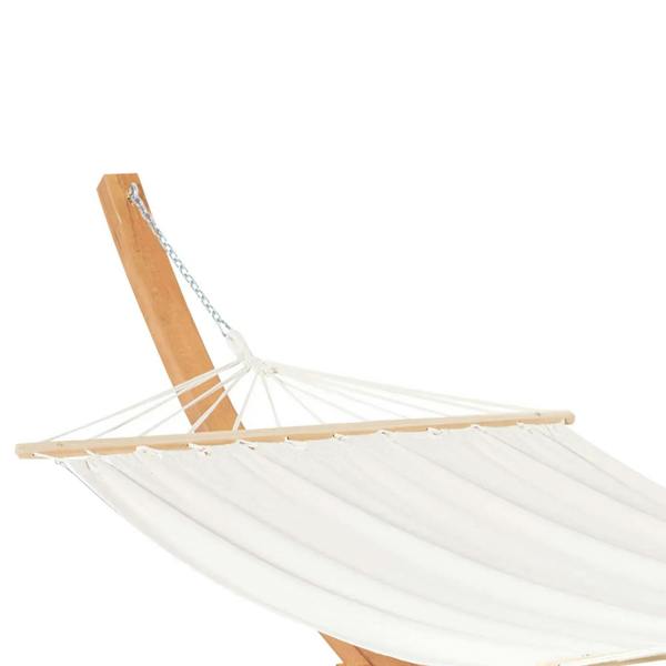 White cotton hammock swing with wooden stand, side view with hanging ropes