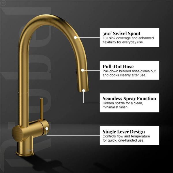 Riobel Azure Mixer with Pull Down Spray Brushed Gold Kitchen Tap