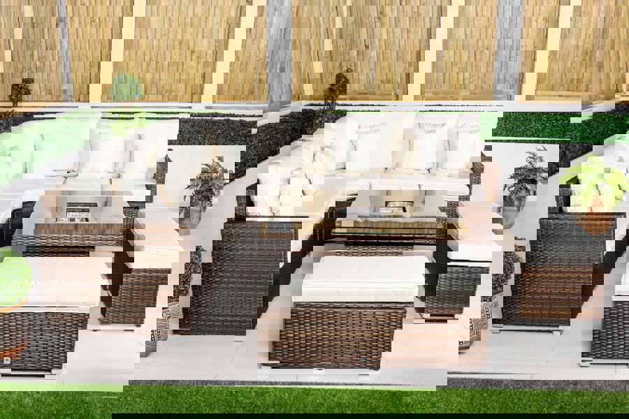 Giardino Santorini 5 Seat Modular Corner Sofa Rattan Garden Furniture Set Outdoor Adjustable Drinks Cooler Coffee Table & 2 Benches