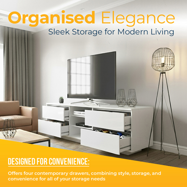 Homeology Avitus Premium High Gloss White with 4-White Drawers and 3-Shelf 32"-65" LED/OLED/LCD TV Cabinet