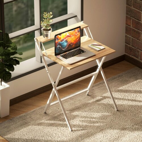 Wyld Haus Veeldi 70cm Small Wooden Natural Folding Desk With Raised Monitor Shelf