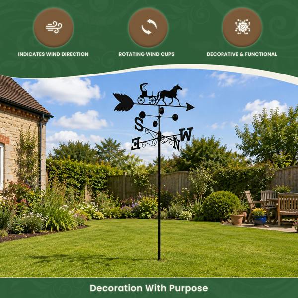 Horse & Carriage Weathervane – Outdoor Wind Direction Indicator with Speed Cups, Steel Construction, Wall Fixings & Ground Spike, 1.7m Tall