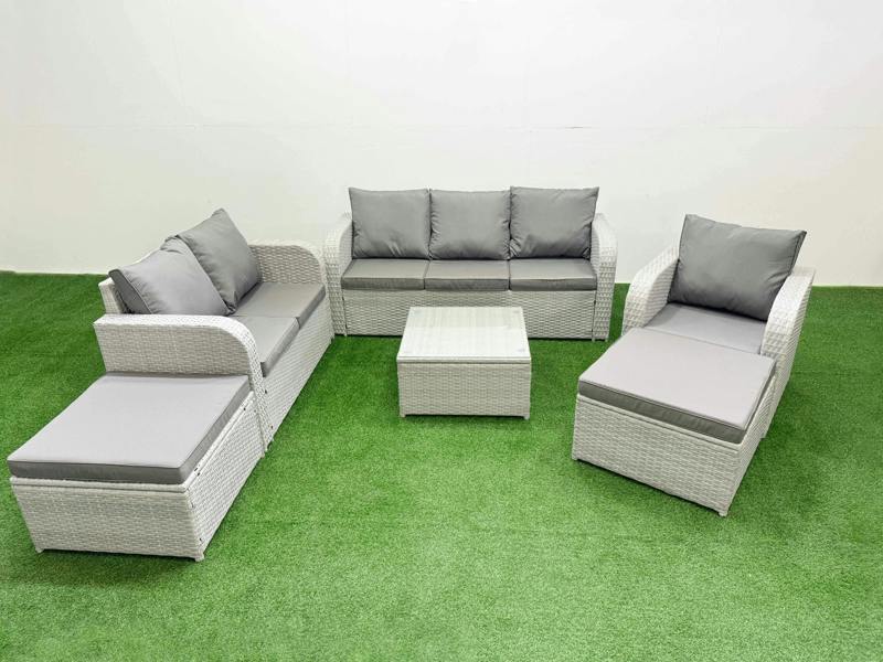 Fimous 8 Seater Patio Sofa Set, PE Rattan, Square Coffee Table, Reclining Chair, Loveseat, 3 Seater Sofa, 2 Big Footstools and Side Table, Light Grey